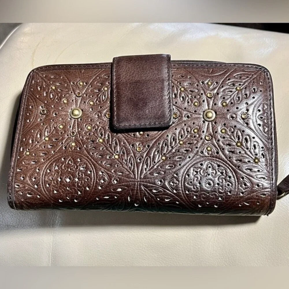 Vintage Brown Leather Wallet Hand Tooled Cut Outs Embellished Tons of slots!
